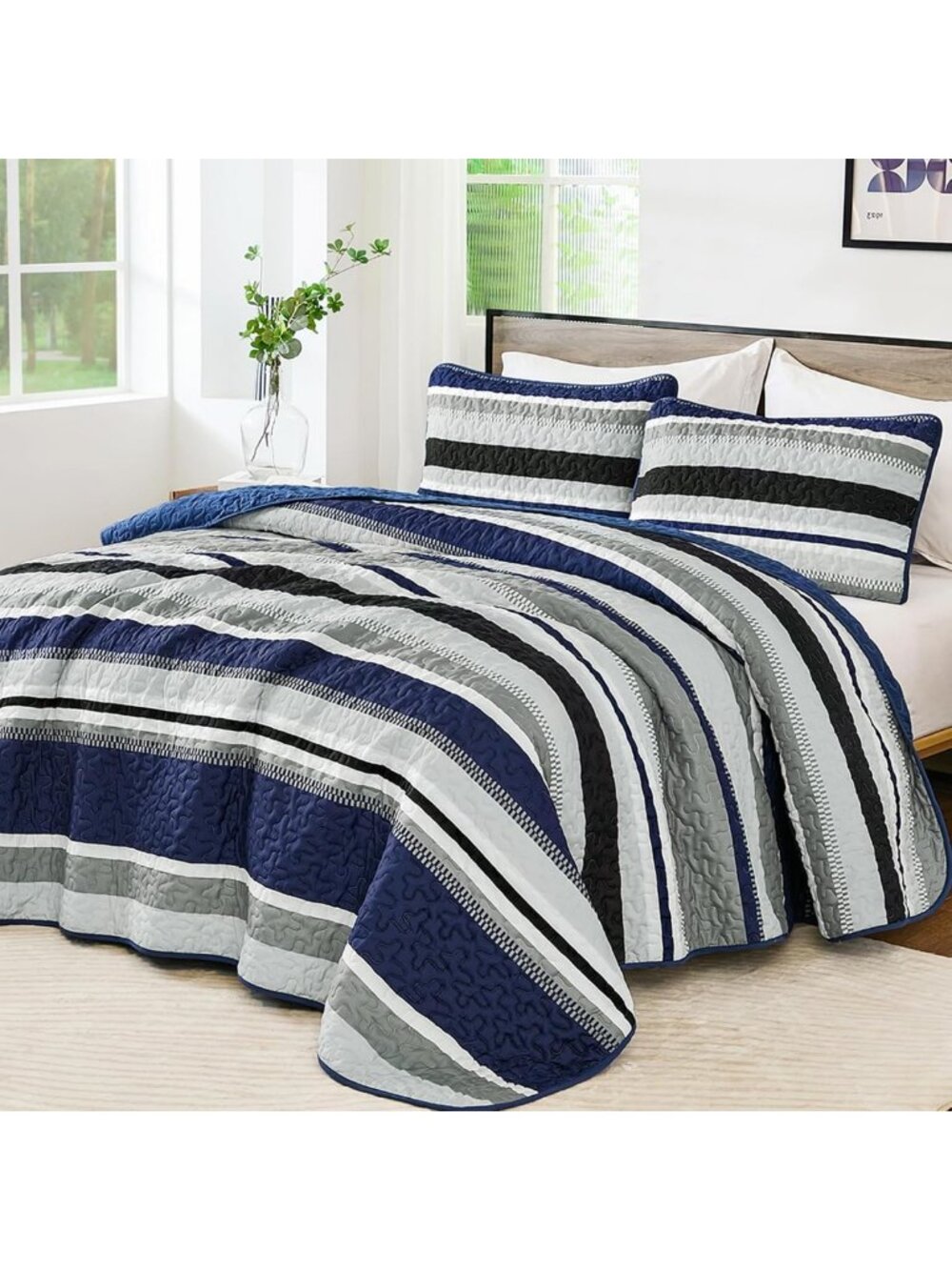 Navy Blue King Striped Quilt Set - Lightweight Bedspread for Cozy Bedroom Decor